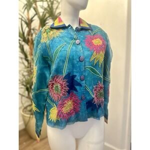 VTG 100% Silk‎ Jacket Beaded Floral Appliqué Women Size M Vibrant Blue Pink 80s